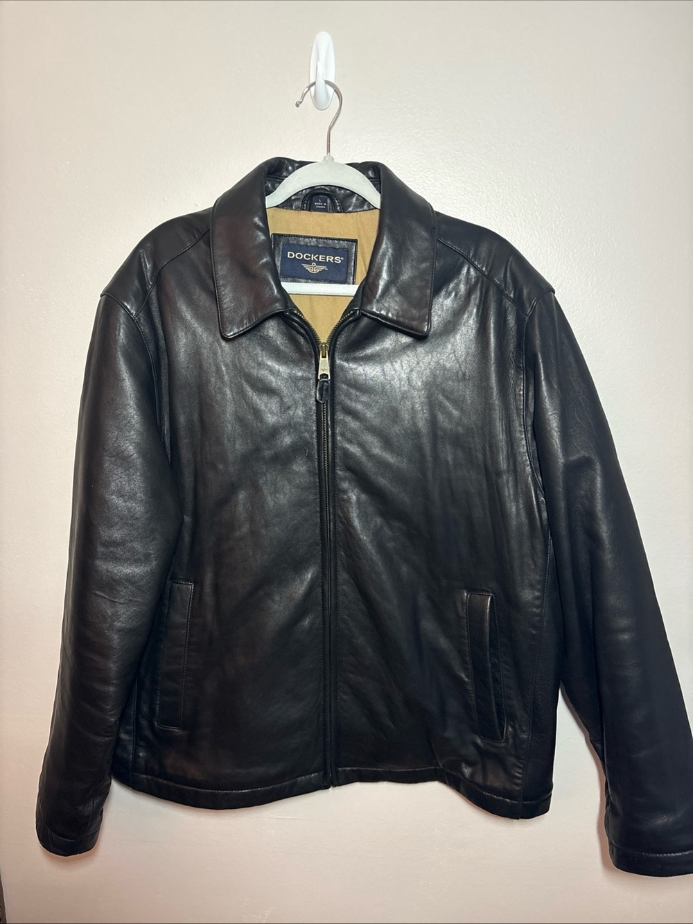 Dockers Men's Black Leather Zip Jacket Size Large Vintage 90s  Tan Lining GUC